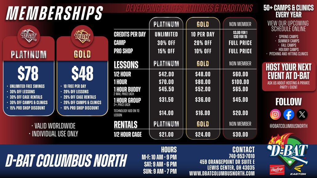 D-BAT Columbus NW memberships promo with Platinum and Bold plans, pricing, and contact details on a red-black flyer