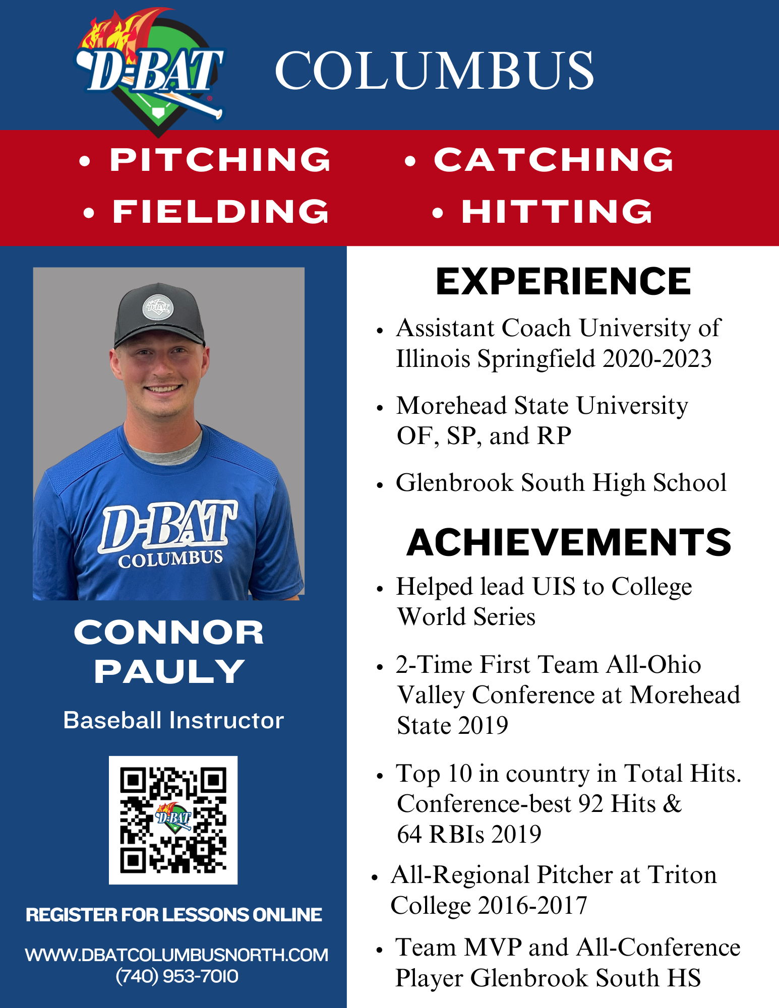 DBAT Columbus baseball instructor flyer with coaching specialties, experience, achievements, and QR code on blue-red background
