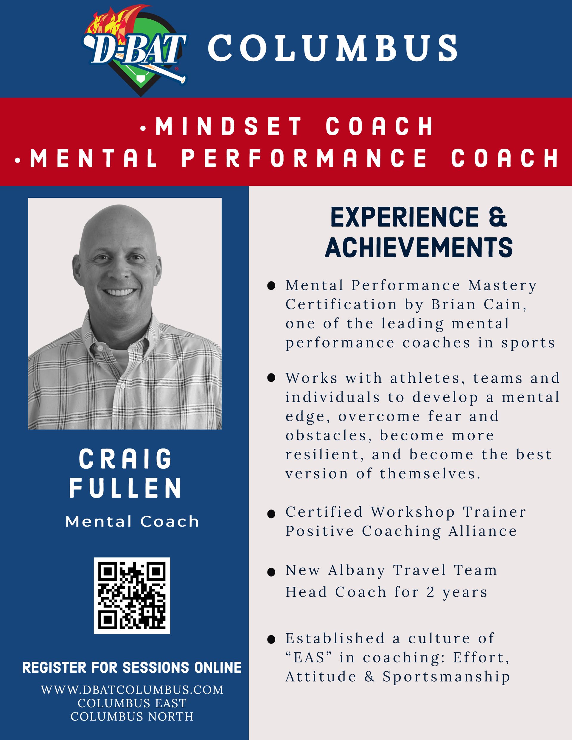 Blue-and-red Columbus mindset coach flyer for Craig Fullen with portrait, QR code, and experience highlights