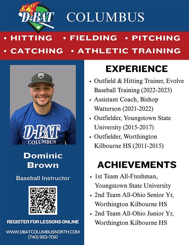 DBAT Columbus baseball instructor Dominic Brown profile with headshot, training specialties, experience, and achievements.