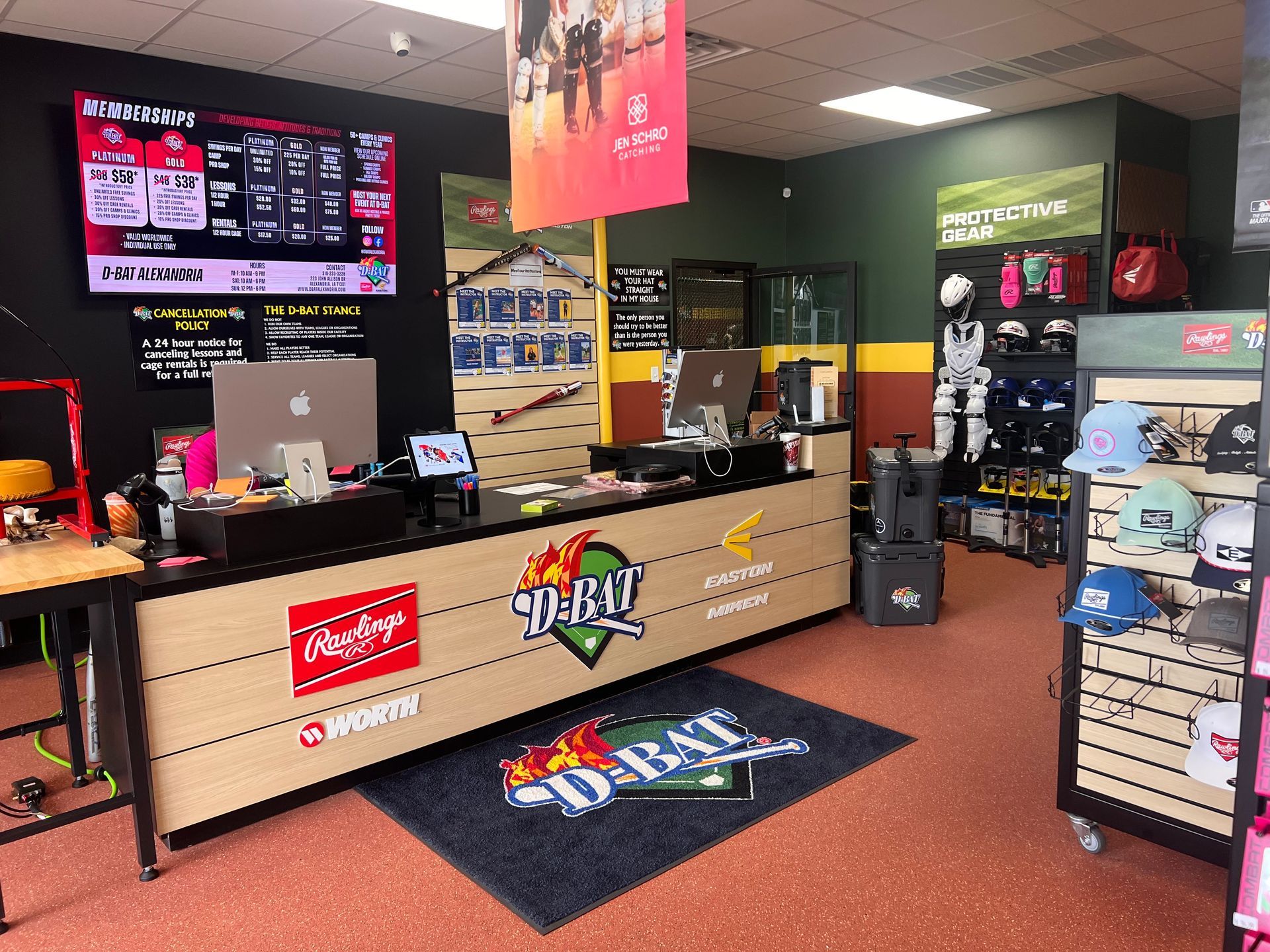 Retail store checkout counter with colorful displays and merchandise inside a mall-like shop