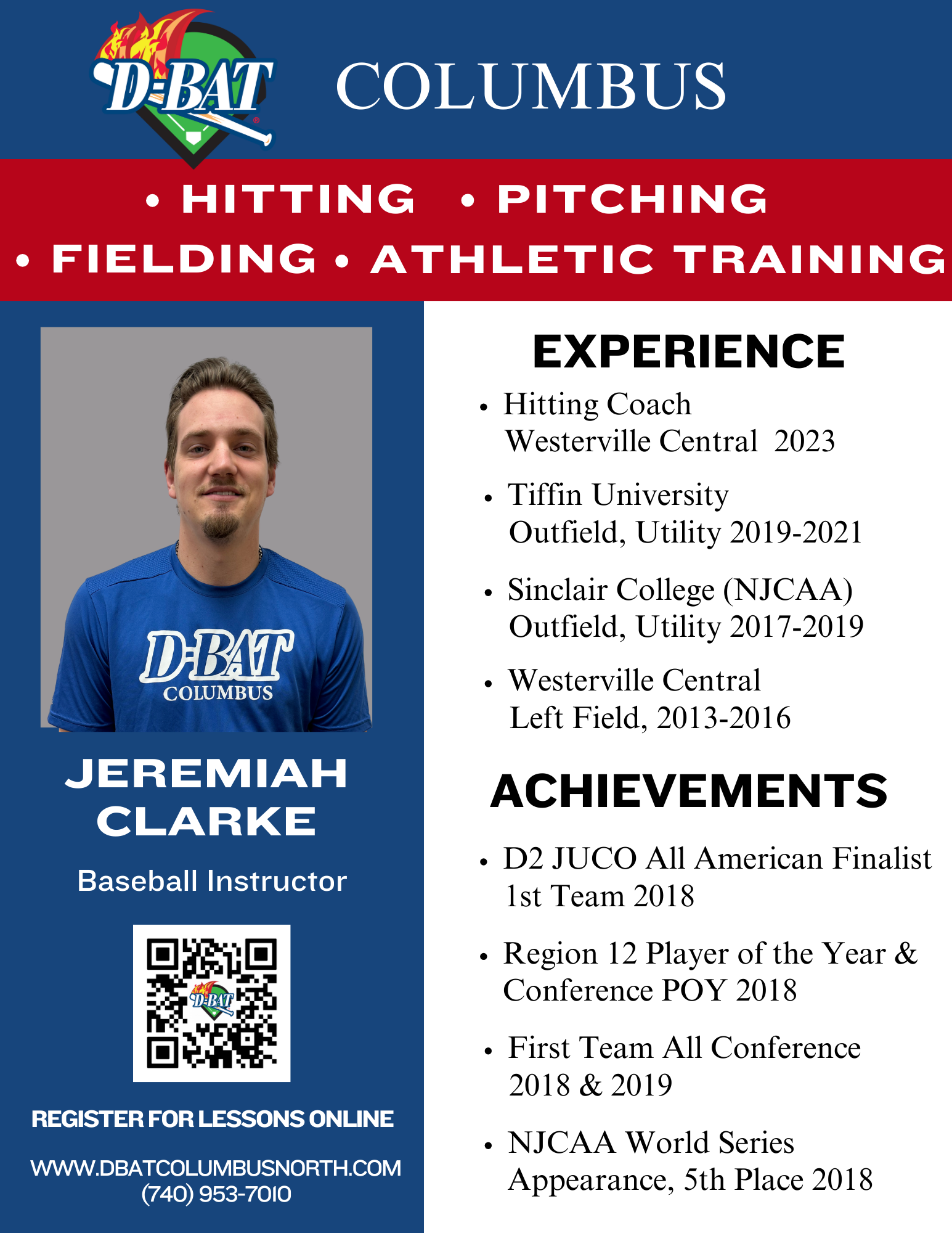 DBAT Columbus flyer for Jeremy Clarke baseball training, with photo, services, experience, and achievements listed.