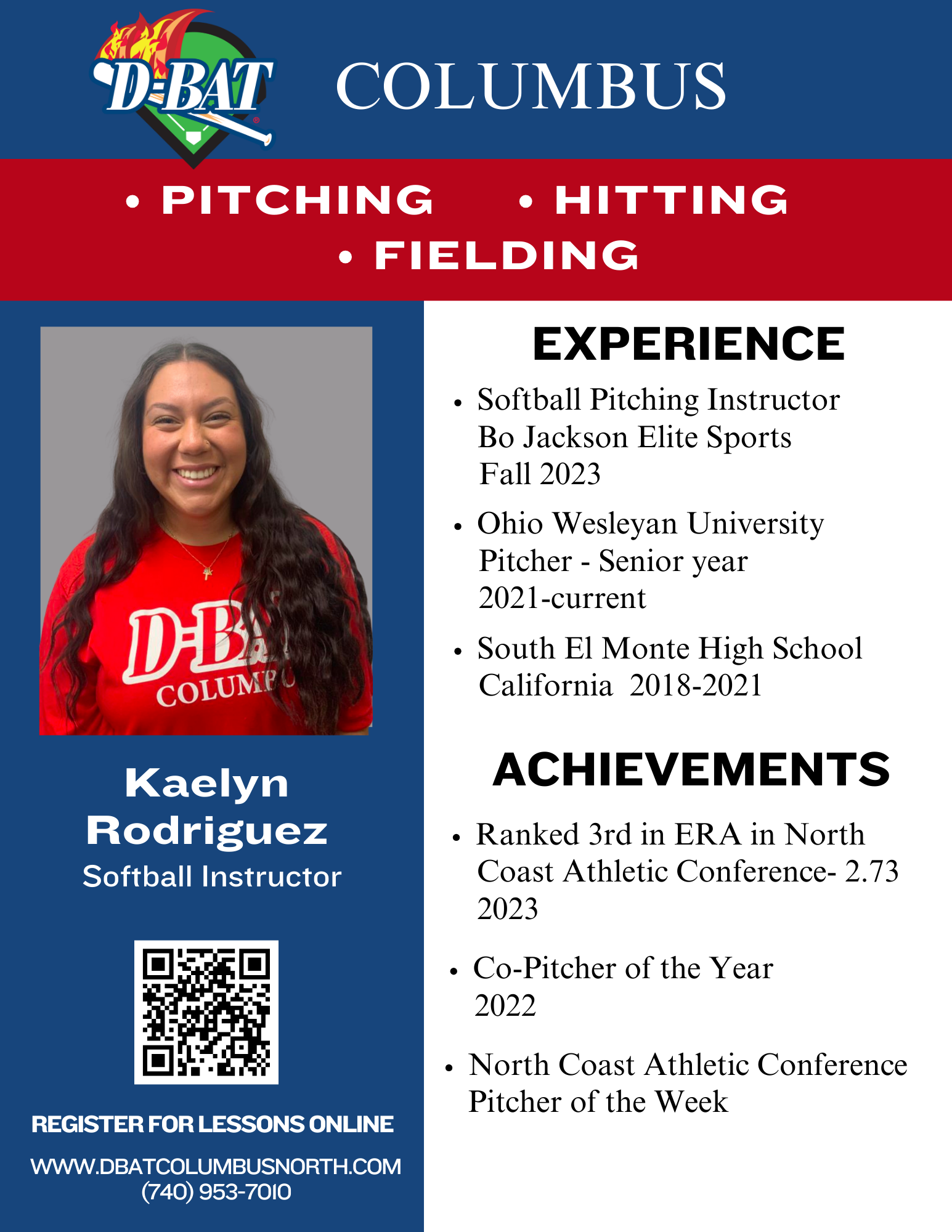 DBAT Columbus softball instructor Kaelyn Rodriguez poster with experience and achievements listed.