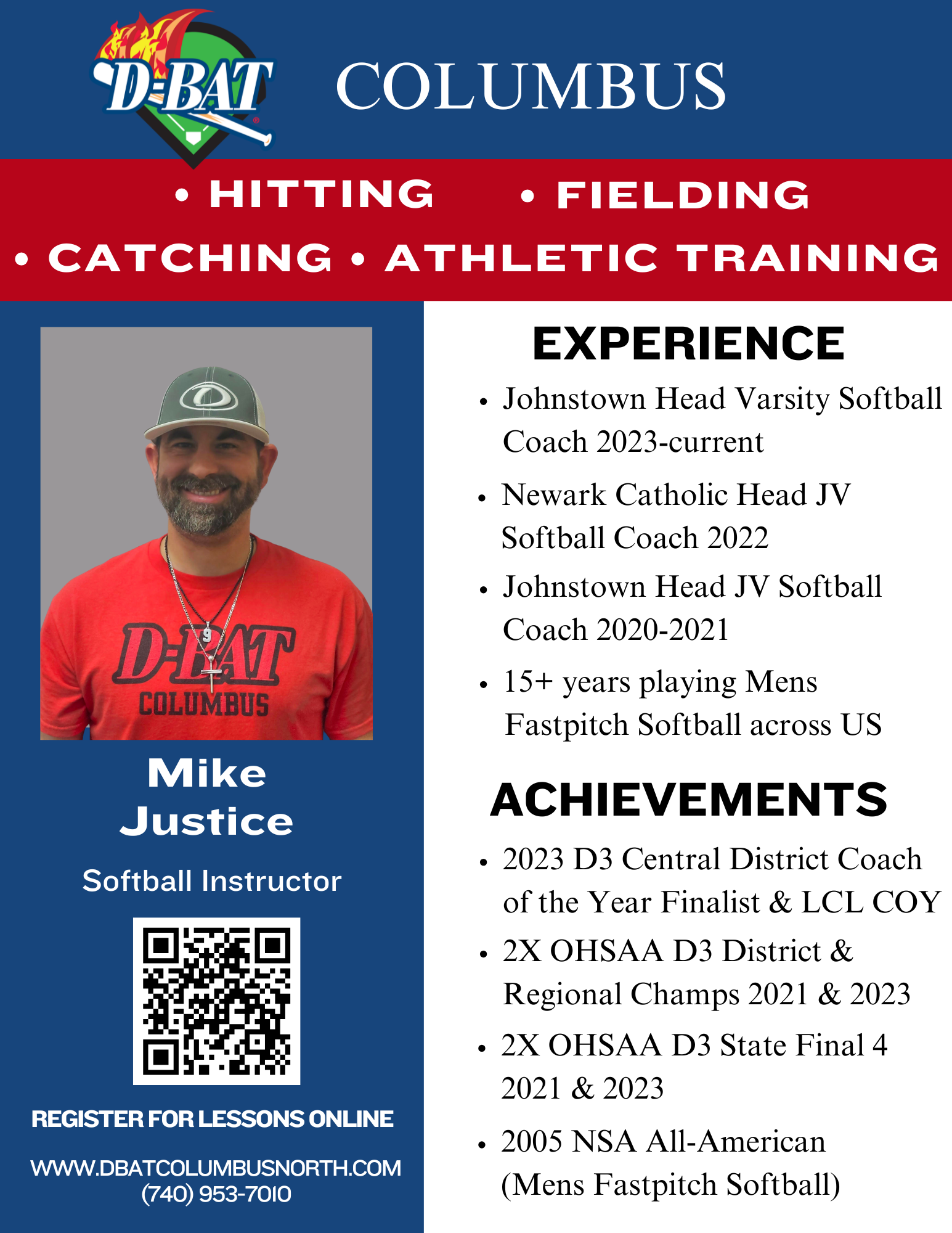DBAT Columbus training flyer for Mike Justice, with red uniform photo and experience/achievement details
