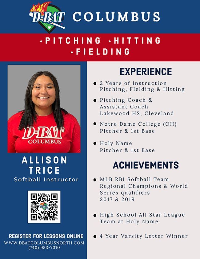 DBAT Columbus softball instructor Allison Trice promo with headshot, experience, and achievements listed