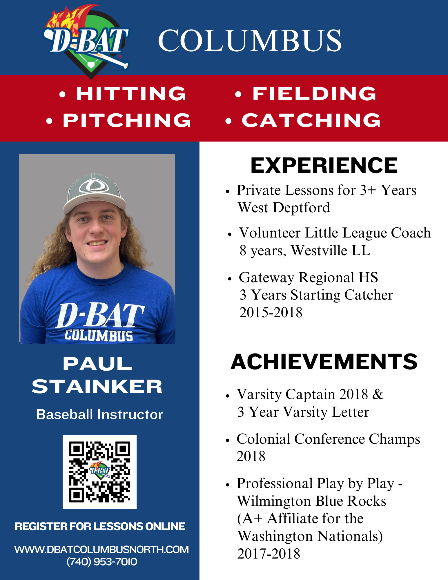 D-BAT Columbus flyer for baseball instructor Paul Stanker with photo, hitting/pitching/catching and experience list