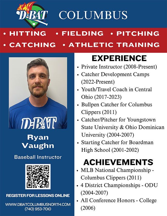 Baseball instructor flyer for Ryan Vaughn in Columbus, with services, experience, achievements, and QR code