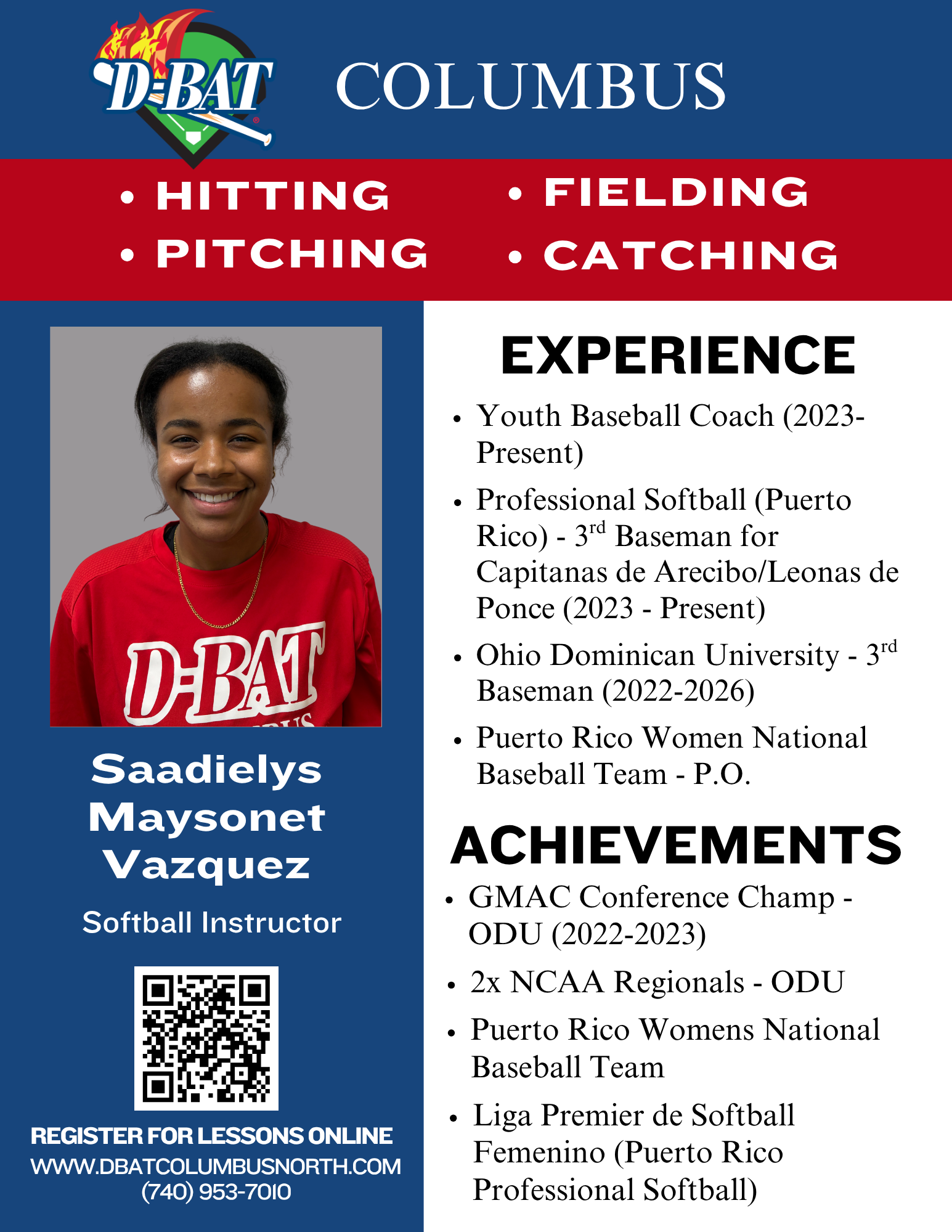 Debt Columbus softball player profile poster with portrait, experience, achievements, and contact QR code
