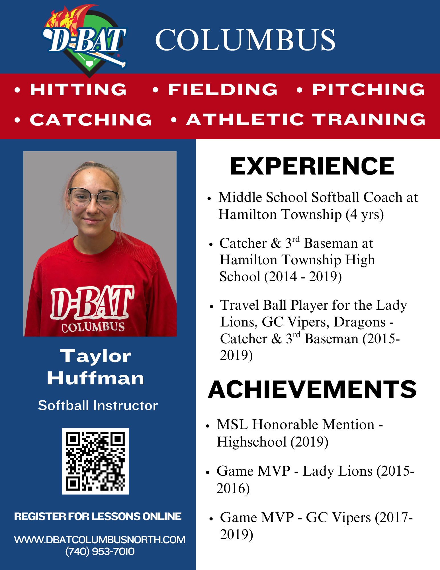 DBAT Columbus softball instructor flyer with photo, training services, experience, achievements, and QR code