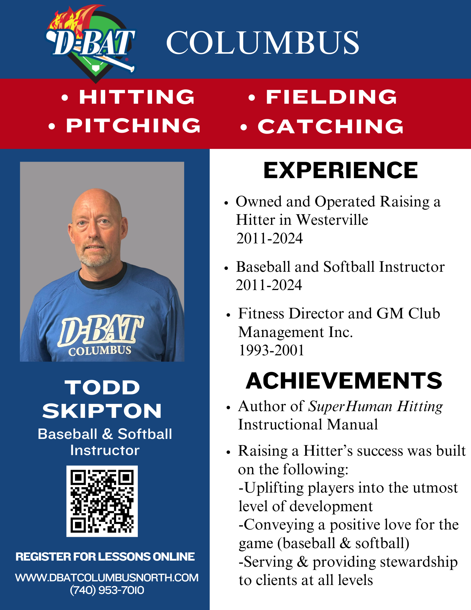 DBAT Columbus ad for Todd Skipton, baseball/softball instructor, with experience, achievements, and QR code.