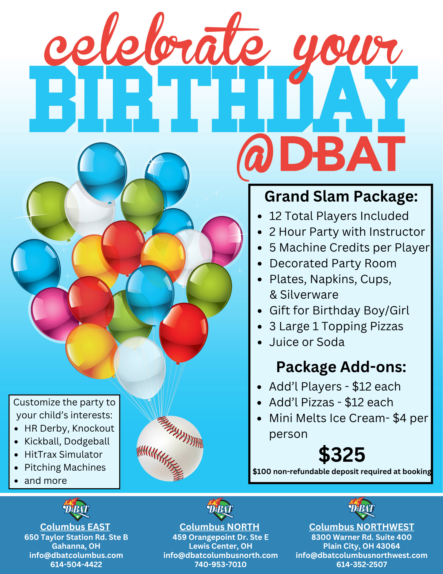 Birthday party flyer with colorful balloons and party package details at DBAT