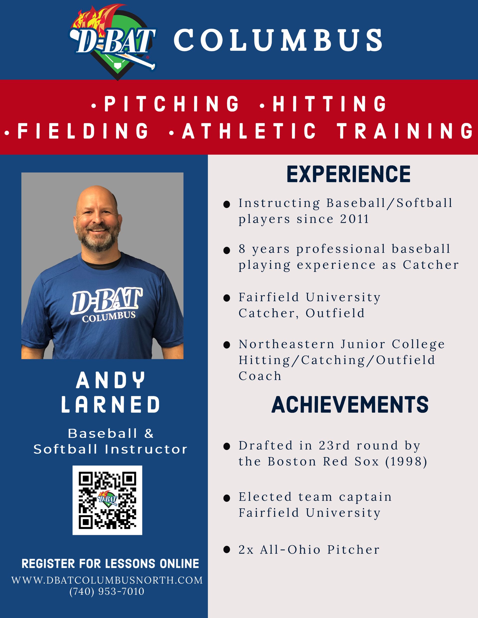 Columbus baseball training flyer with coach Andy Larned, blue-red design, experience and achievements listed