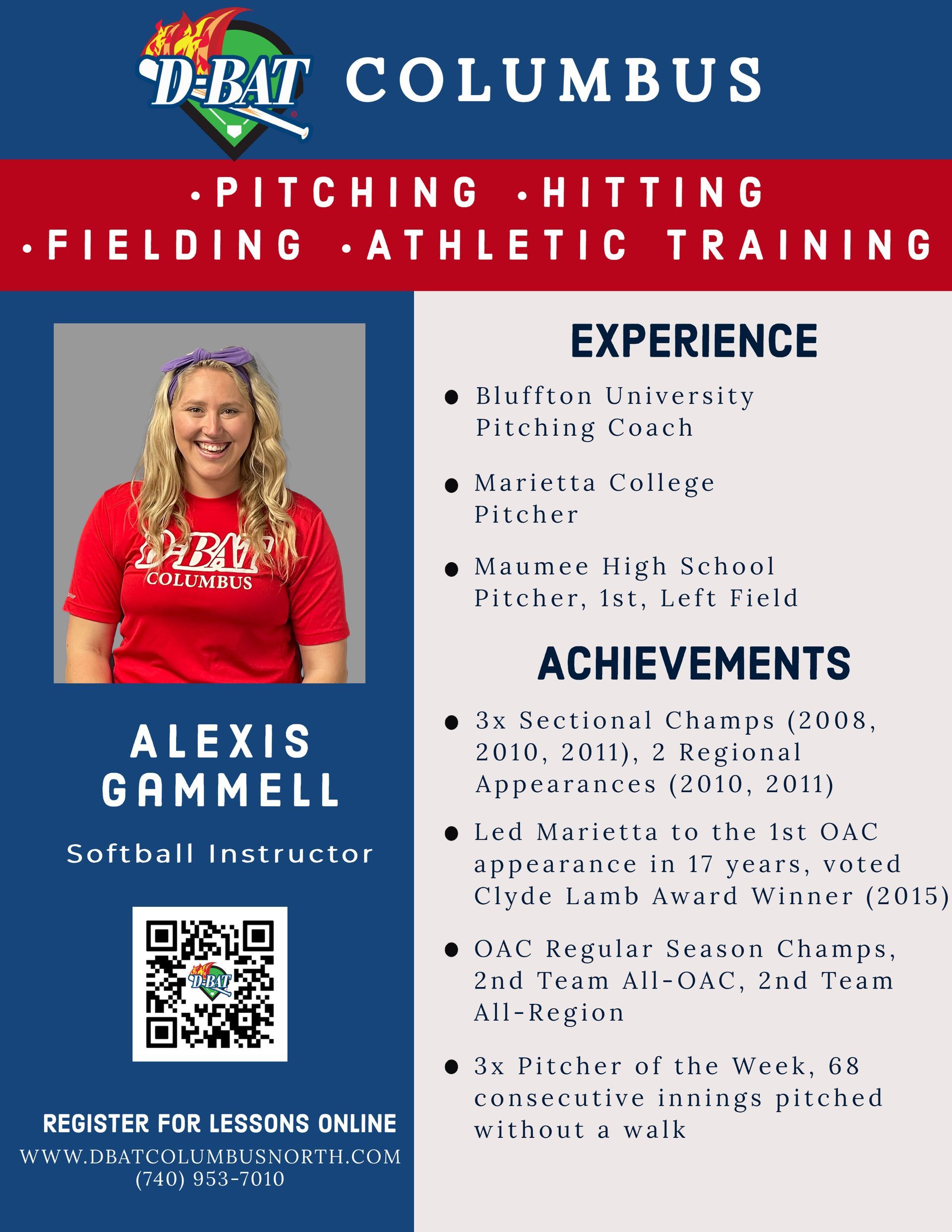Columbus sports training flyer with Alexis Gammell photo, drills, experience, achievements, and QR code
