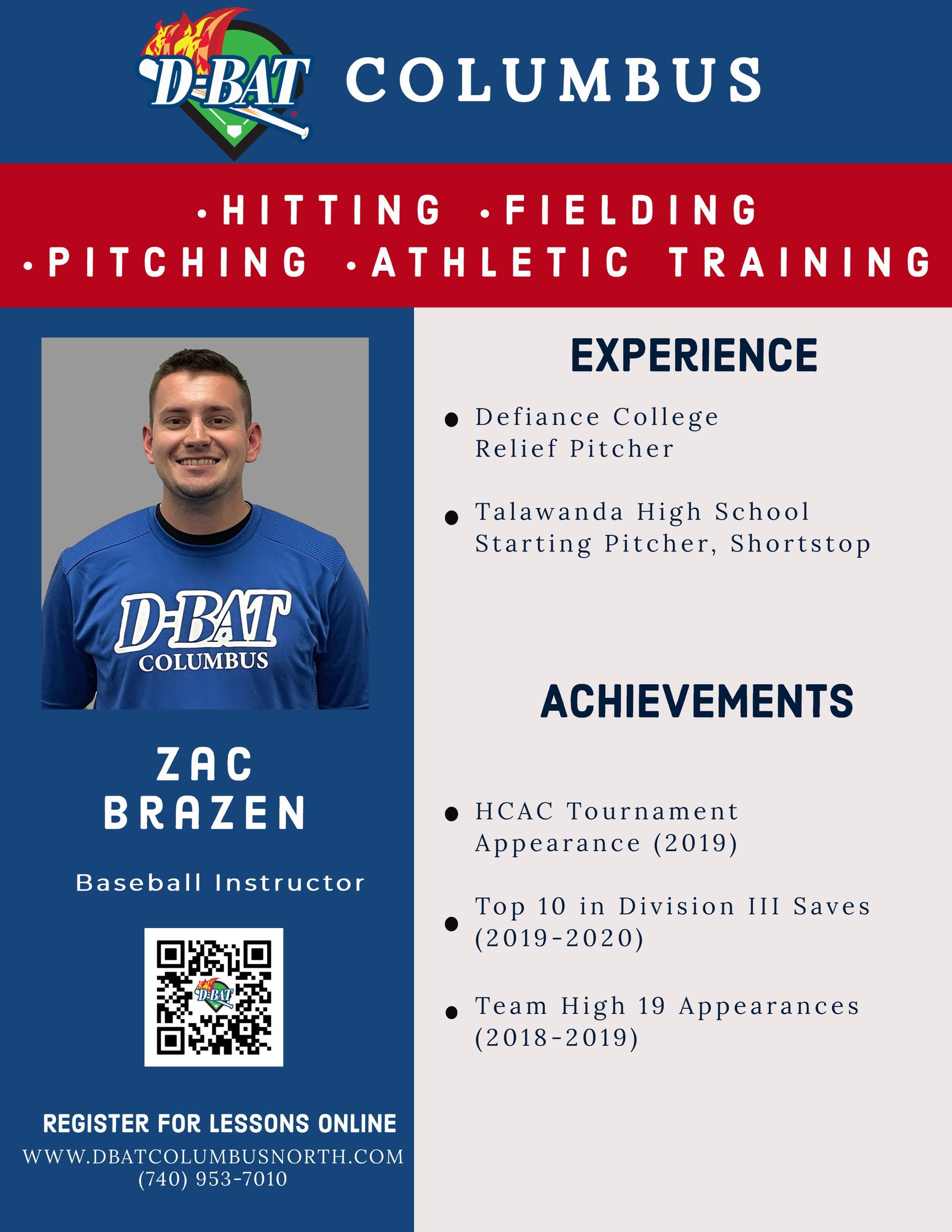 DBAT Columbus training flyer with coach photo, experience and achievements, blue and red layout, QR code