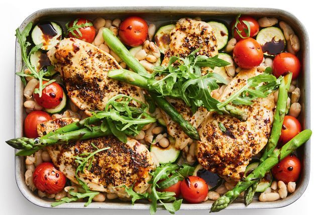 Tuscan chicken tray bake ready to eat