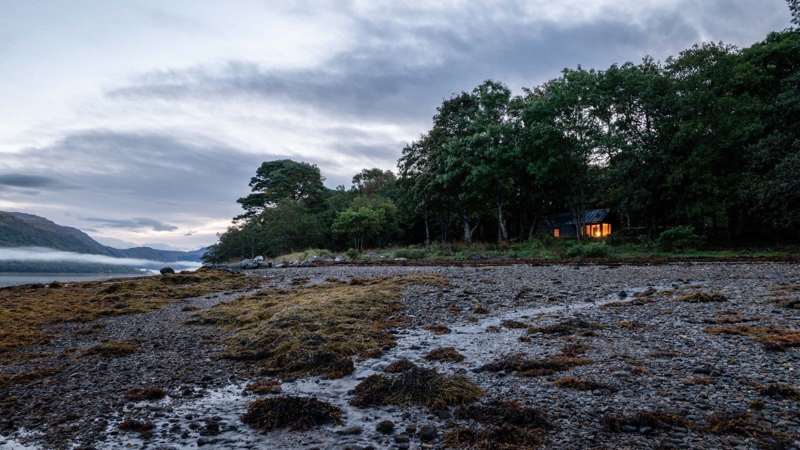 Scenic view of Loch Fyne with mountains beside the water near Kabn cabins