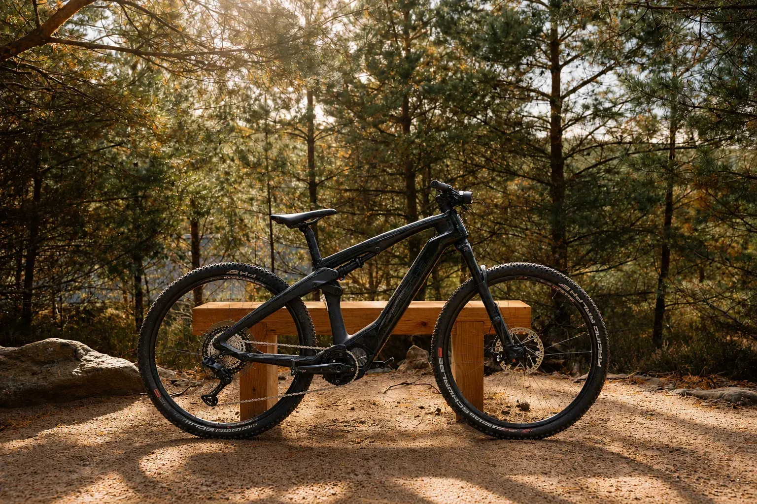 Porsche electric mountain bike at Moya Kabn, beside a woodland bench in the Cairngorms