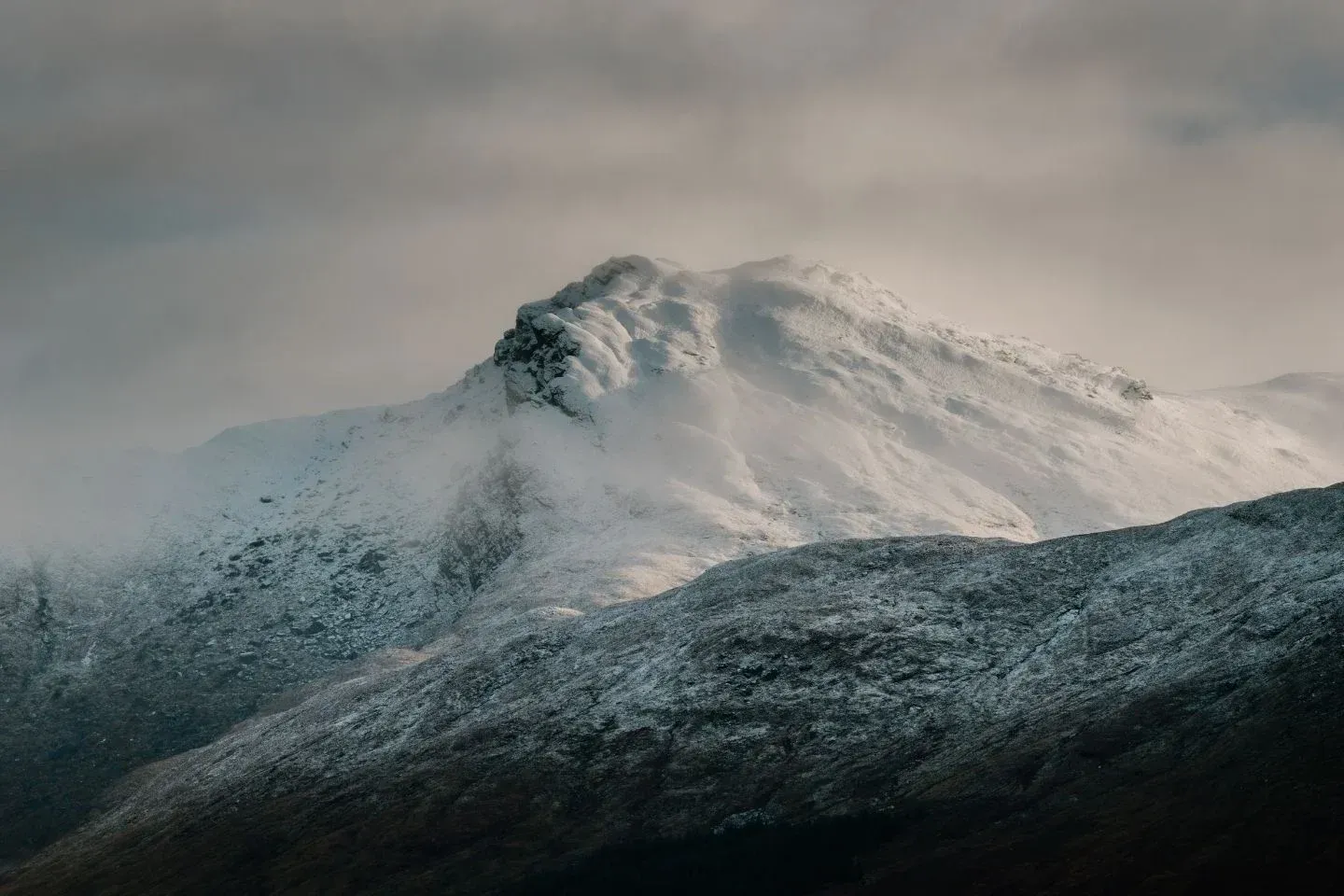 Snowy mountain peaks near Loch Fyne.