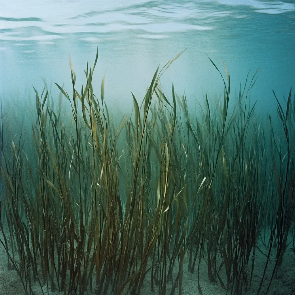 Seagrass swaying underwater in clear coastal water