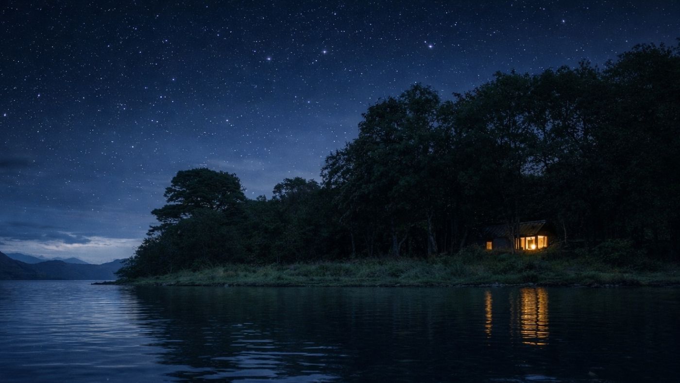 Remote lochside setting in Scotland under a star filled night sky