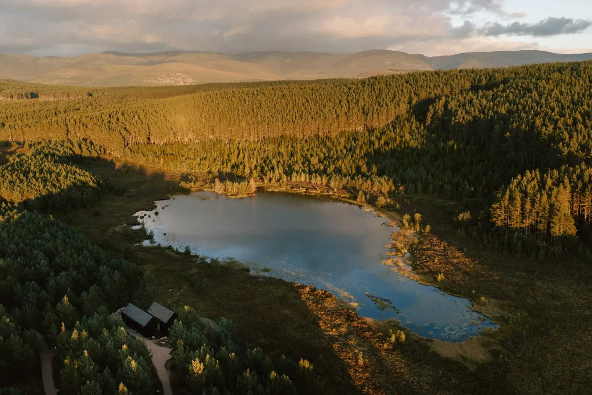 Aerial view of Moya Kabn beside a secluded lochan, surrounded by Cairngorms pine forest
