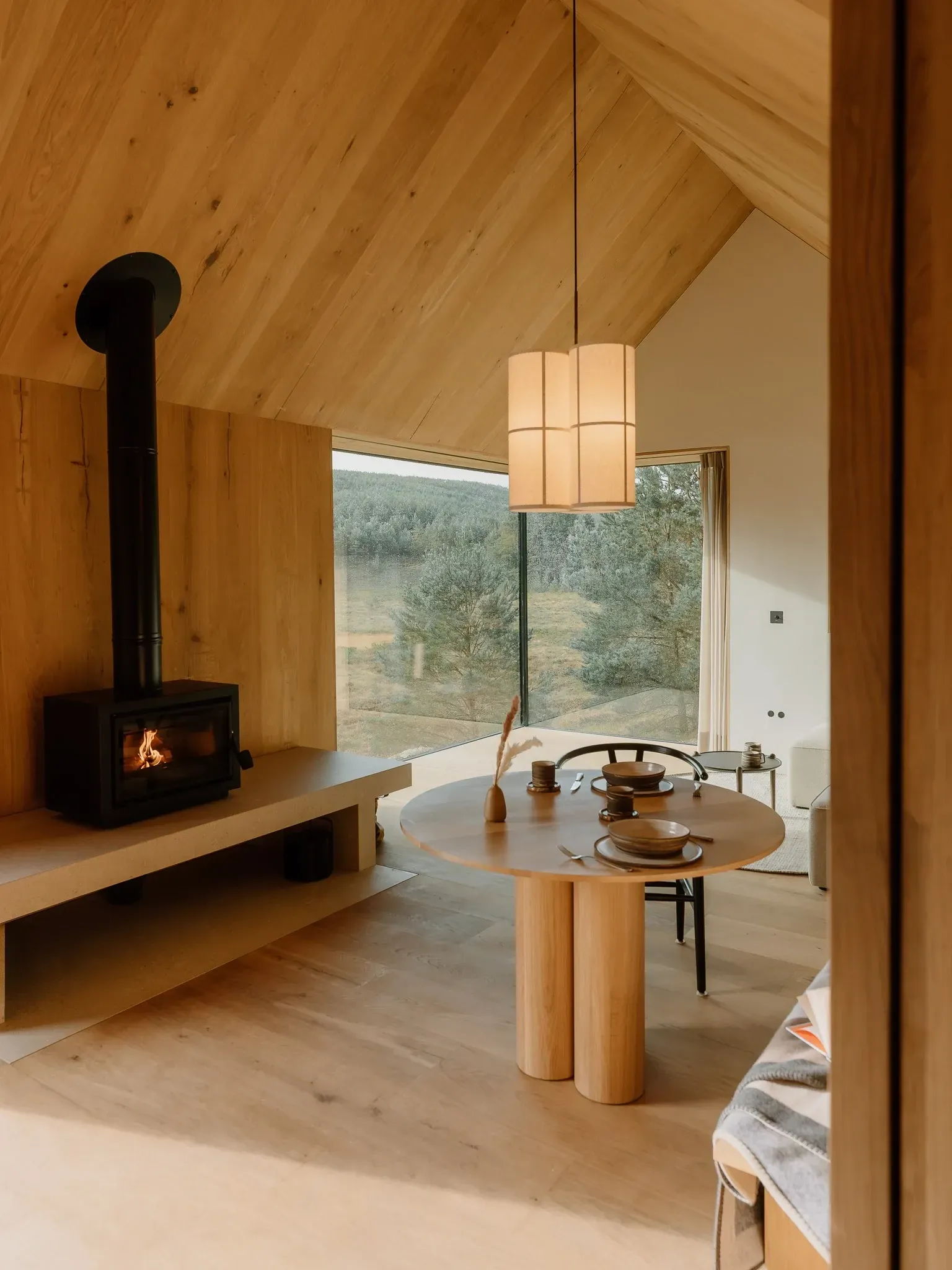 Vaulted oak ceiling at Moya Kabn with a pendant light, wood stove flue and forest views