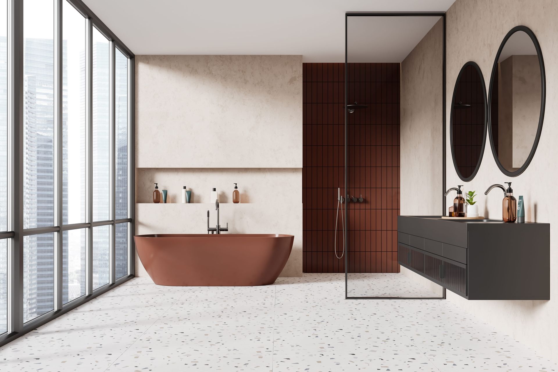 Modern bathroom with brown bathtub, shower, and vanity. Large windows, beige walls, and terrazzo floor.