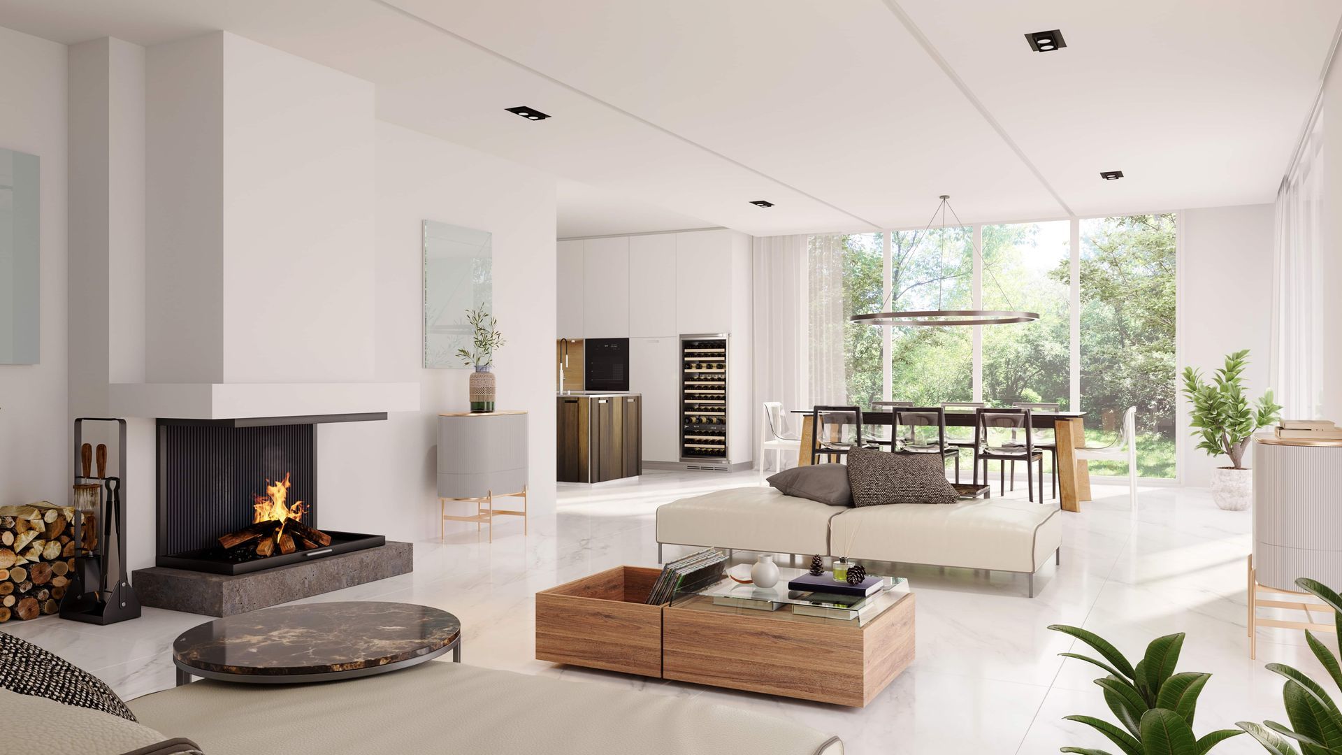 Modern living room with a black fireplace, white walls, large windows, and minimalist seating