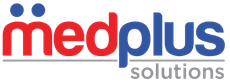 El logotipo de MedPlus Solutions es rojo y azul.