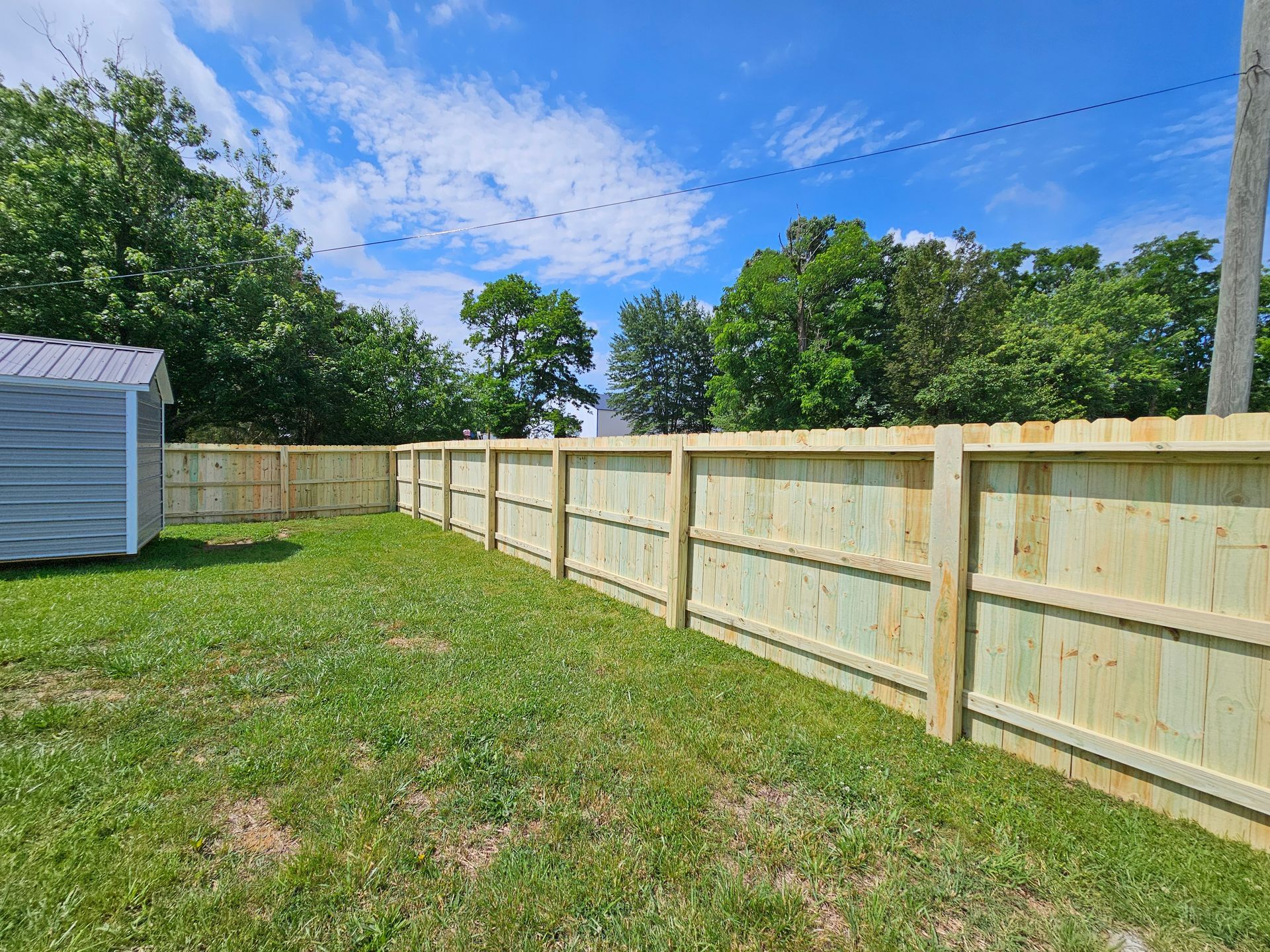Backyard with green grass, a new wooden fence, blue sky, trees, and a small shed on the left.