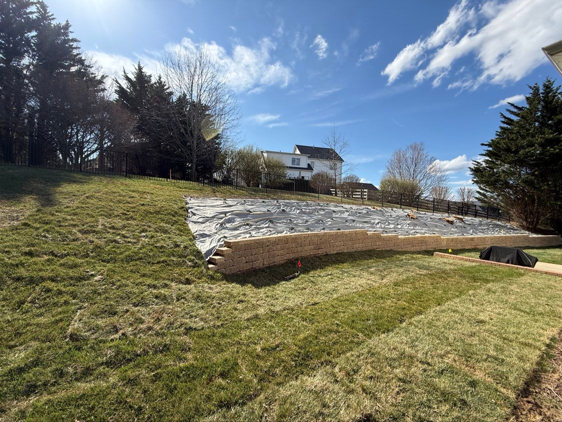 Grassy hillside with a stone retaining wall under a bright blue sky, trees and a house in the background