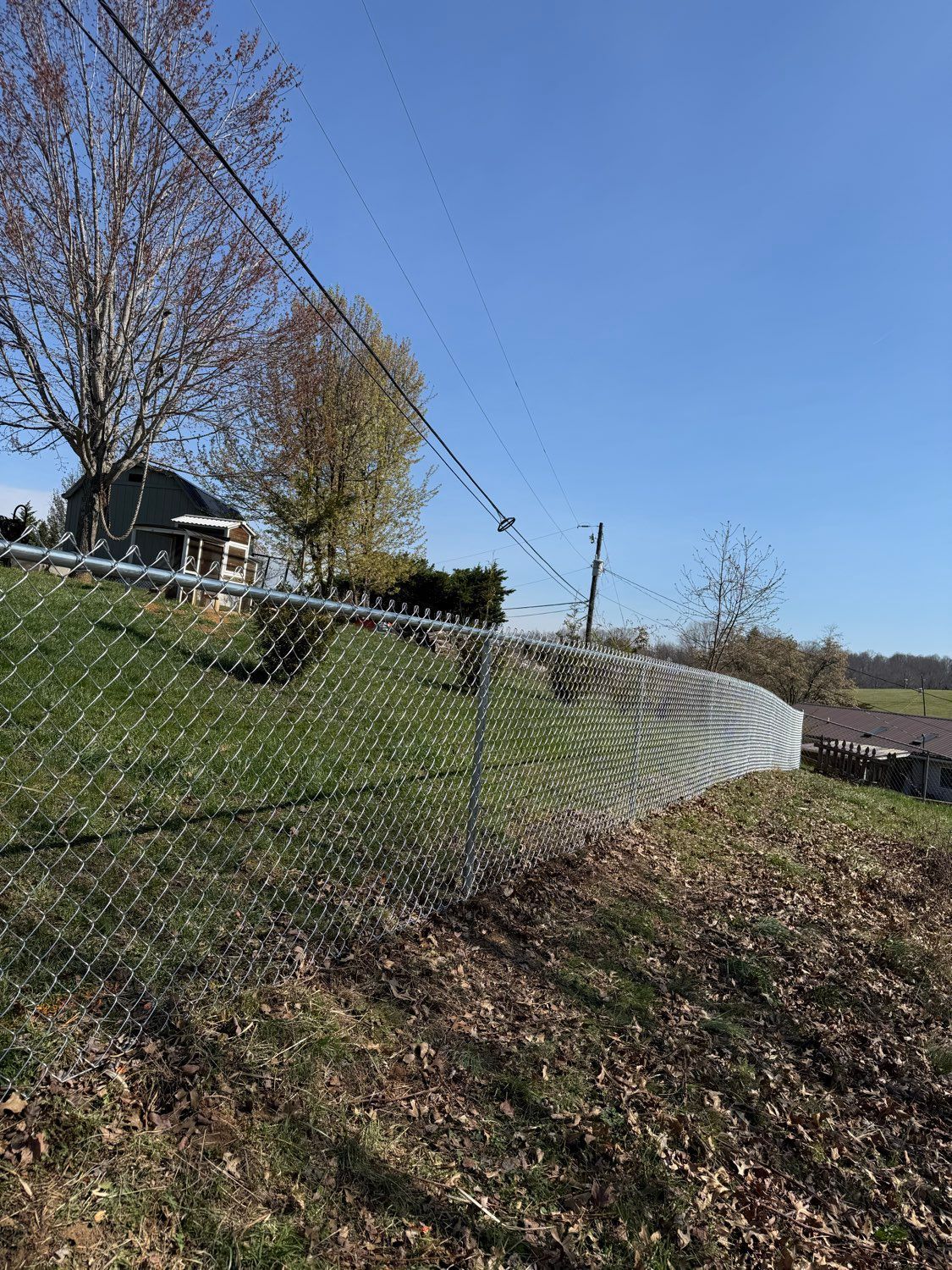 Chain-link fence curving beside a grassy yard with trees under a clear blue sky