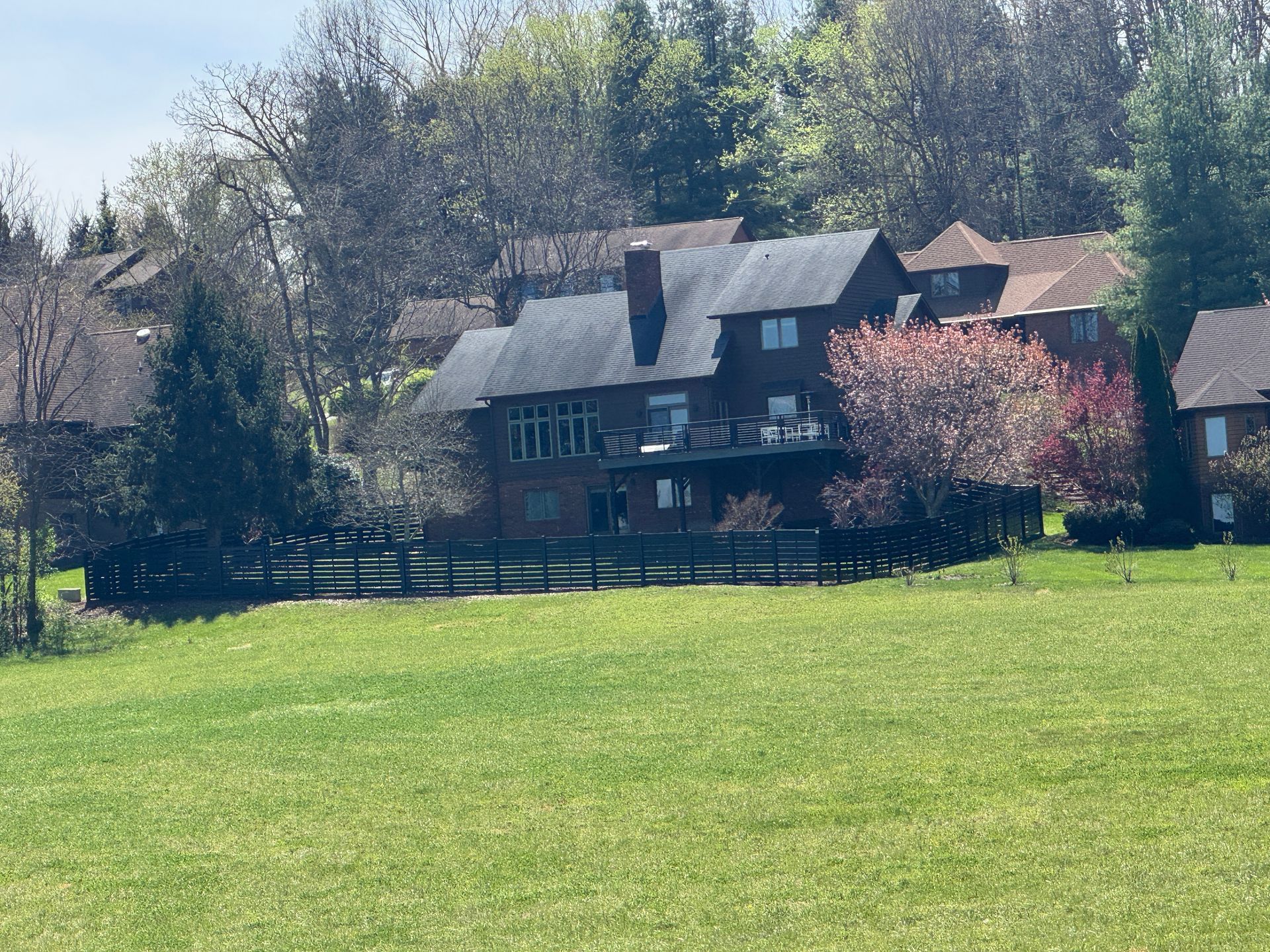 Large green field in front of dark-roofed houses and trees under a bright sky