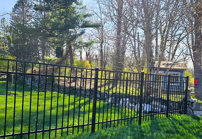 Black metal fence beside a green lawn and rocky garden under leafless trees on a sunny day