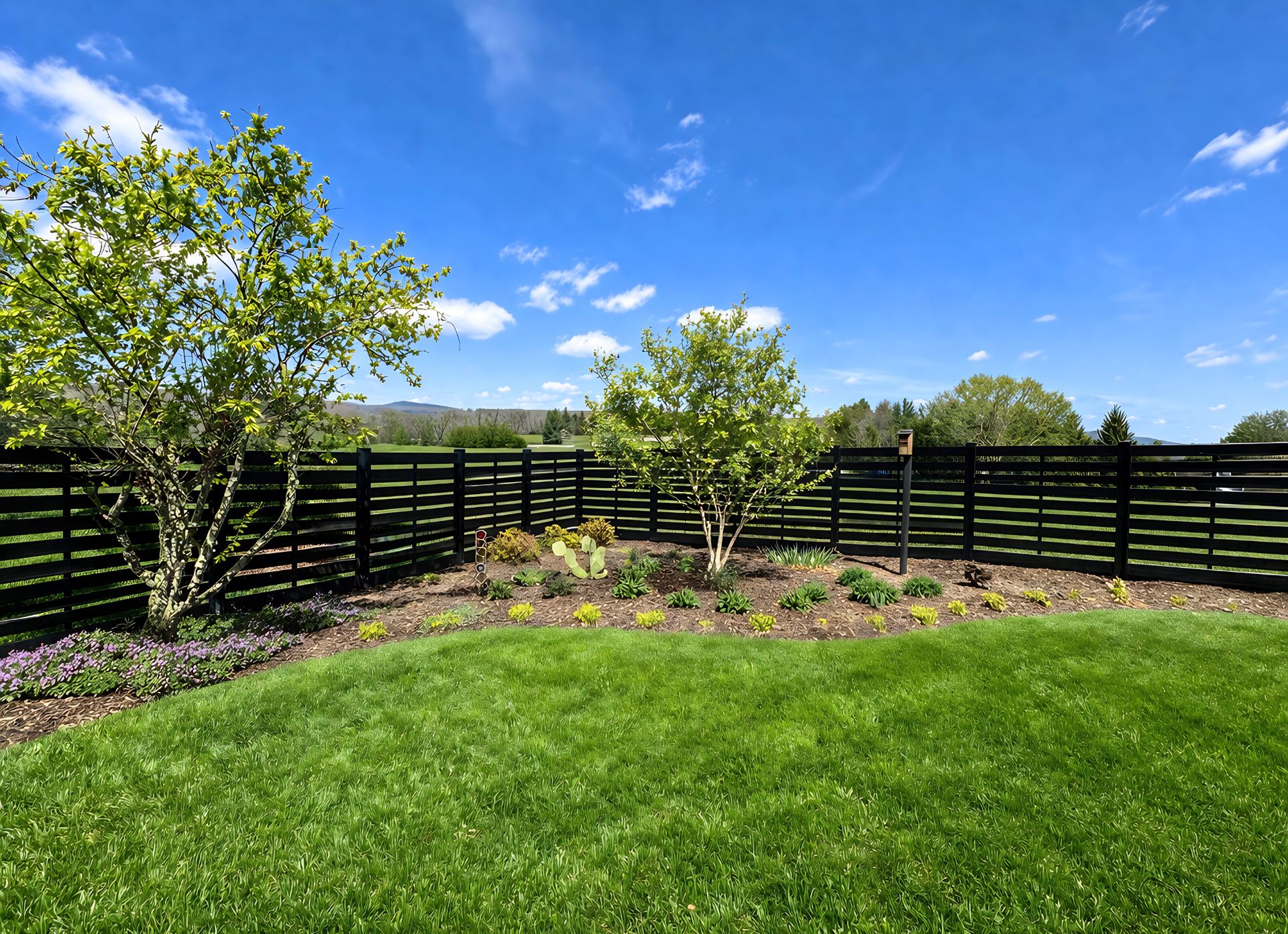 Sunny backyard with green lawn, young trees, flower beds, and dark wooden privacy fence under a blue sky