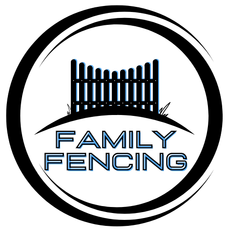 Black-and-white Family Fencing logo with a fence inside a circle