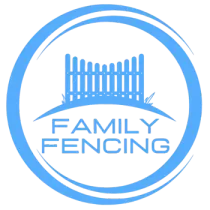 Black-and-white Family Fencing logo with a fence inside a circle