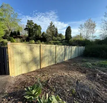 Wooden privacy fence along a narrow dirt side yard beside houses under a blue sky