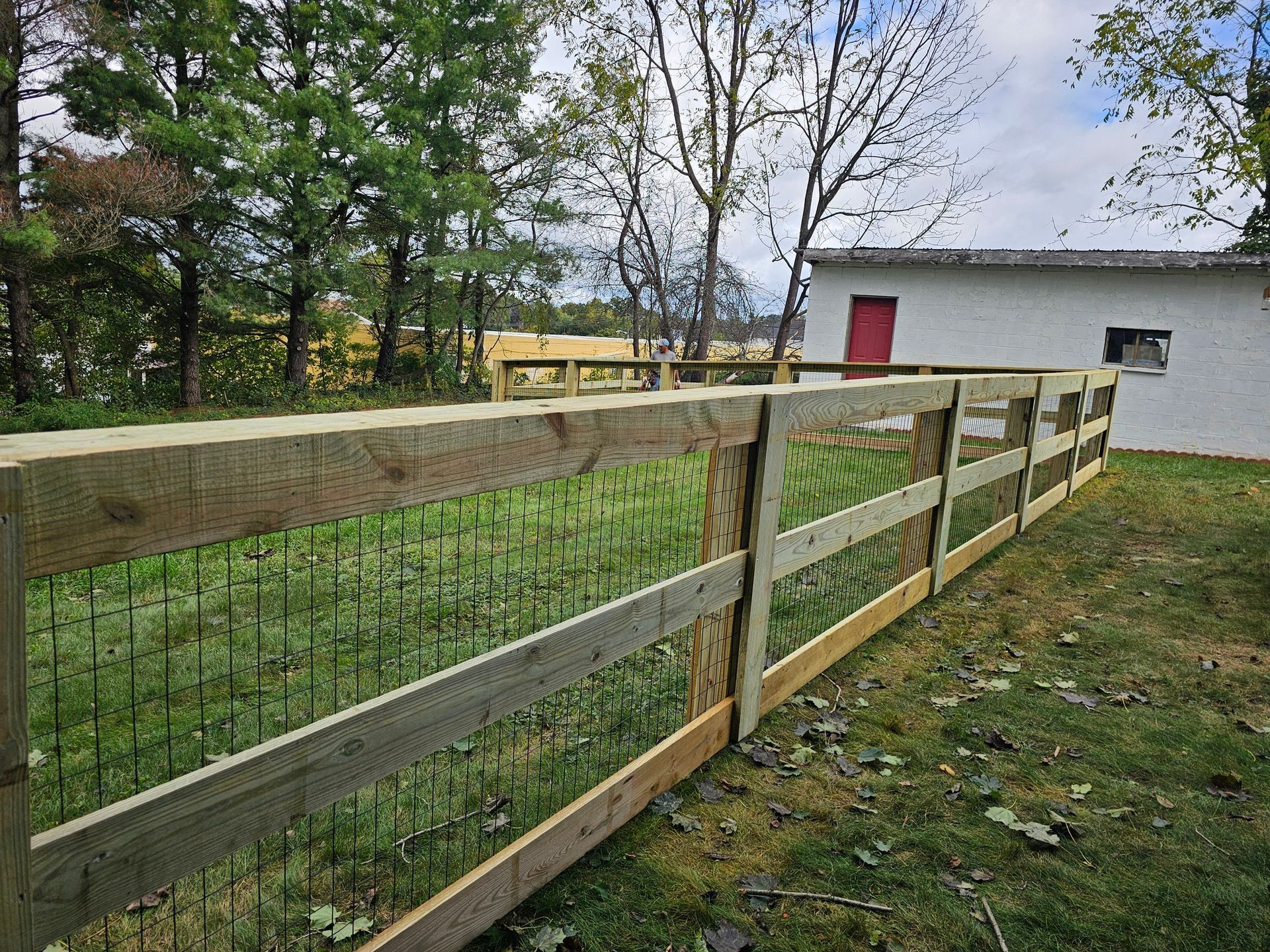 Wooden fence running across a grassy yard beside trees and a white building with a red door
