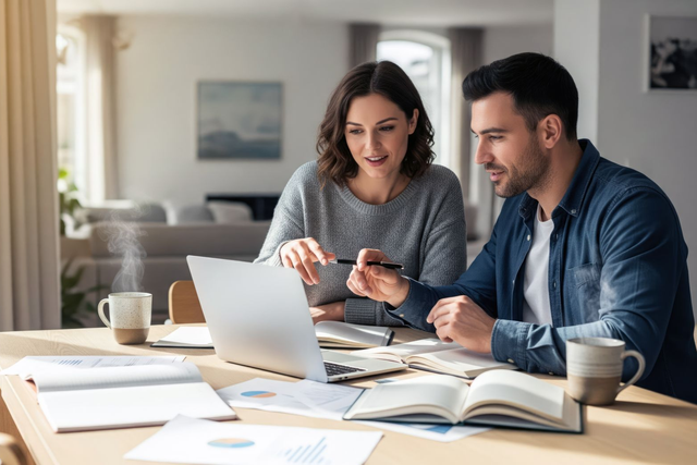 Two people collaborating at a table with a laptop, books, and coffee in a bright room