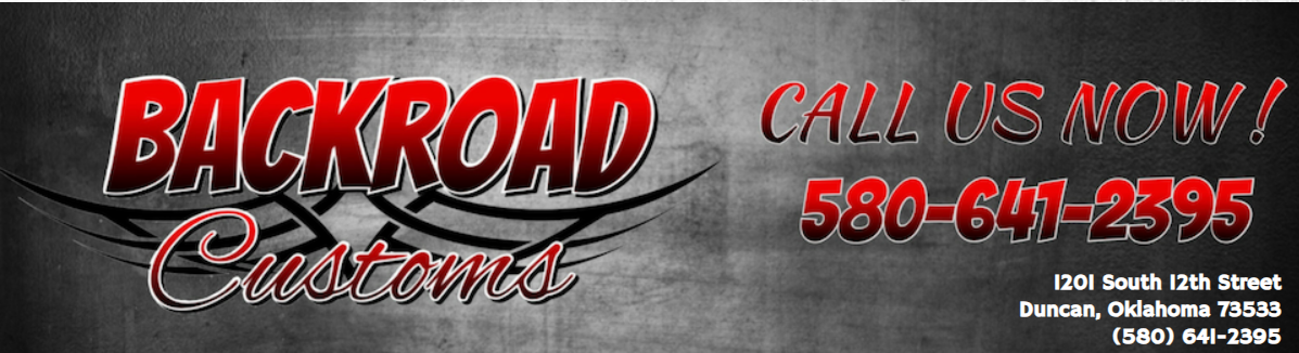 Backroad Customs logo with &ldquo;Call us now!&rdquo; and phone number on a gray textured background