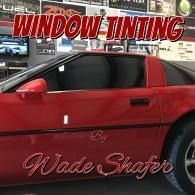 Red sports car with black-tinted windows and red text reading “Window Tinting” and “Wade Shafer”