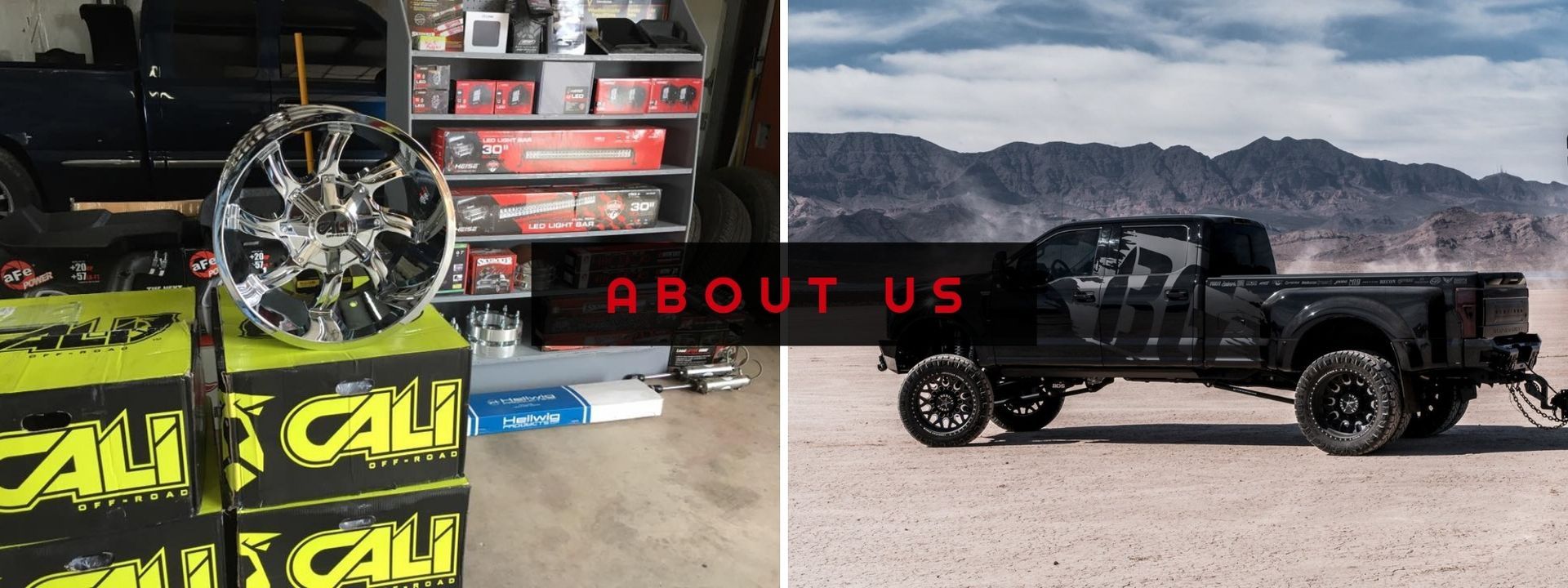 Black lifted off-road truck on a desert road with bold red