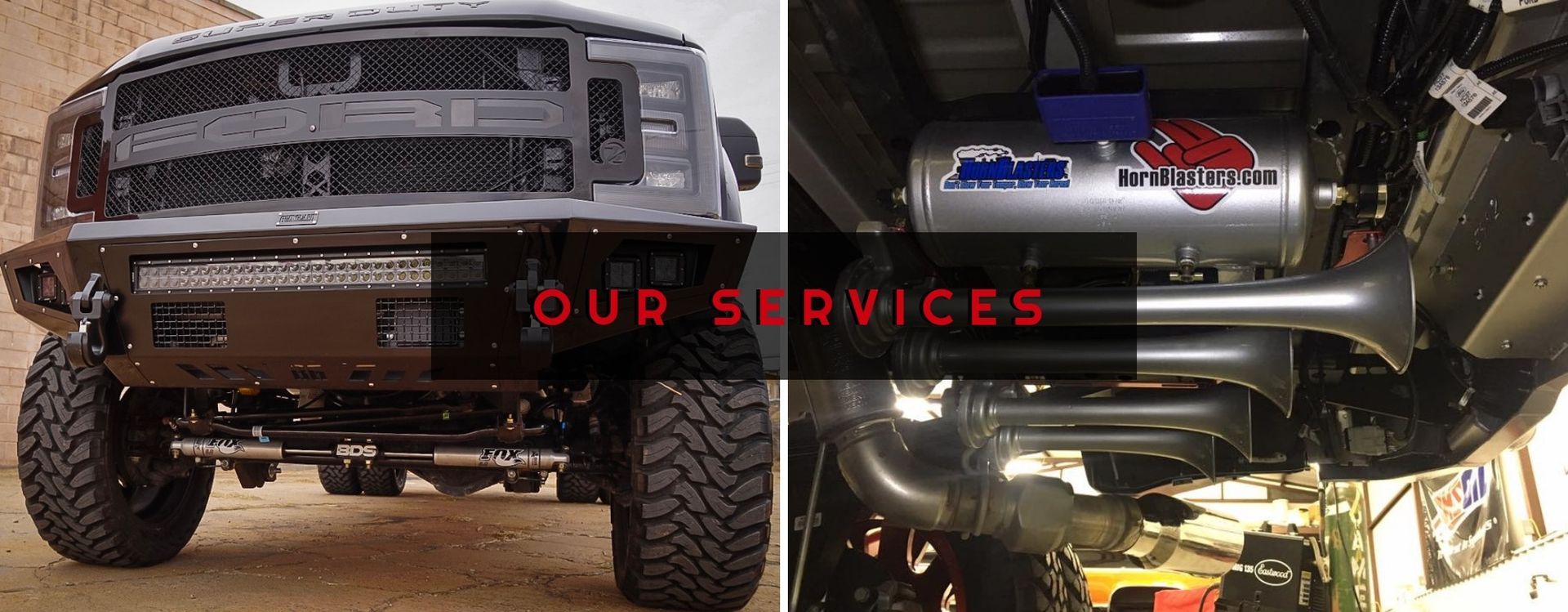 Lifted gray truck and undercarriage in a garage, with red text reading “OUR SERVICES”
