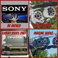 Sony marine audio promo collage with car speakers, bold red text, and product packaging