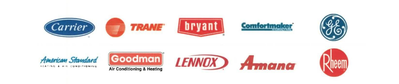 Logos of HVAC brands, including Carrier, Trane, Bryant, Comfortmaker, GE, Amana, Goodman, Lennox, and Rheem.