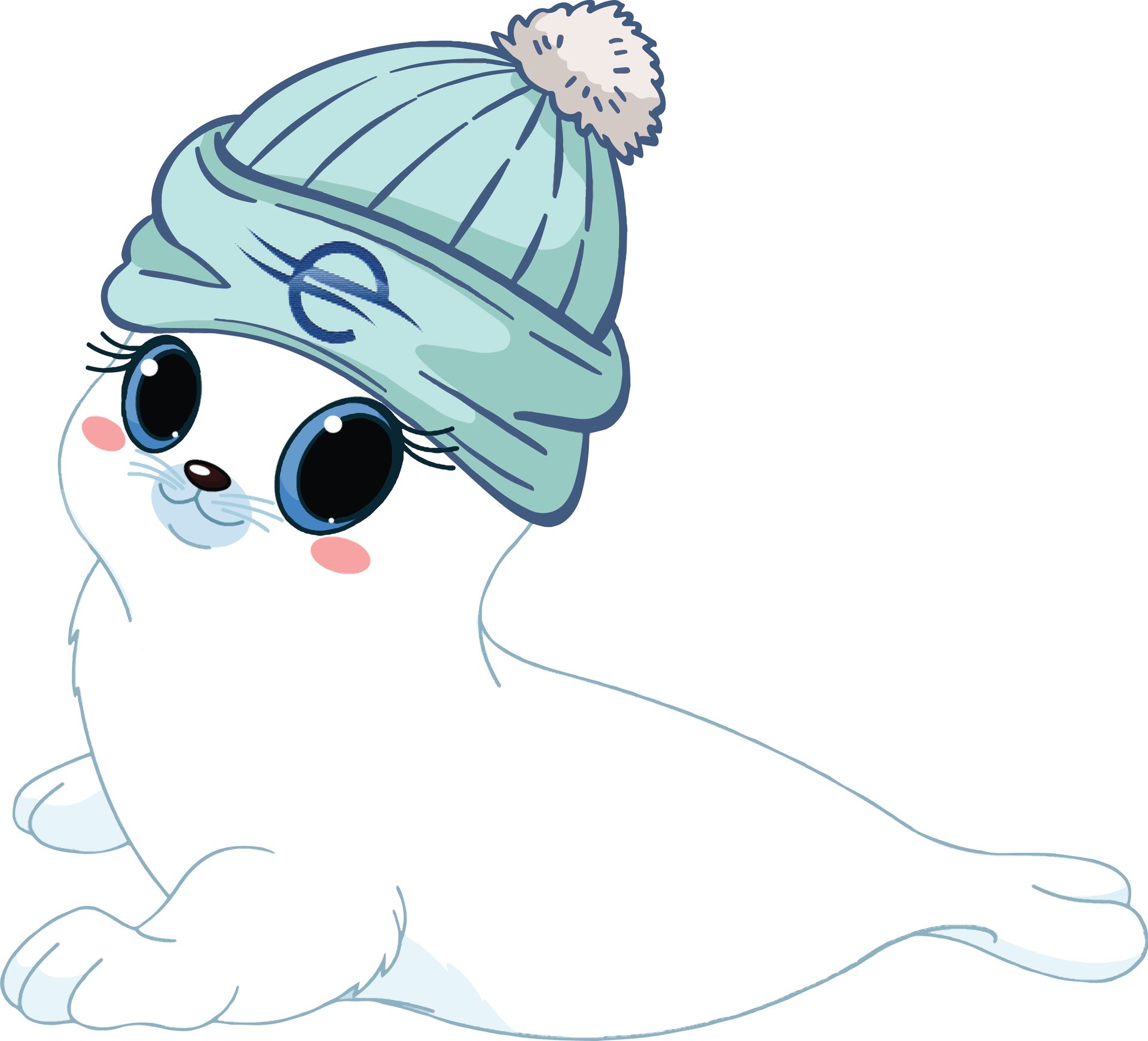 Cute white seal wearing a mint knit beanie with pom-pom and pink cheeks, sitting on a white background