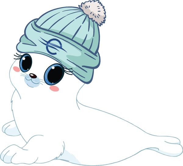 Cute white seal wearing a mint knit beanie with pom-pom and pink cheeks, sitting on a white background