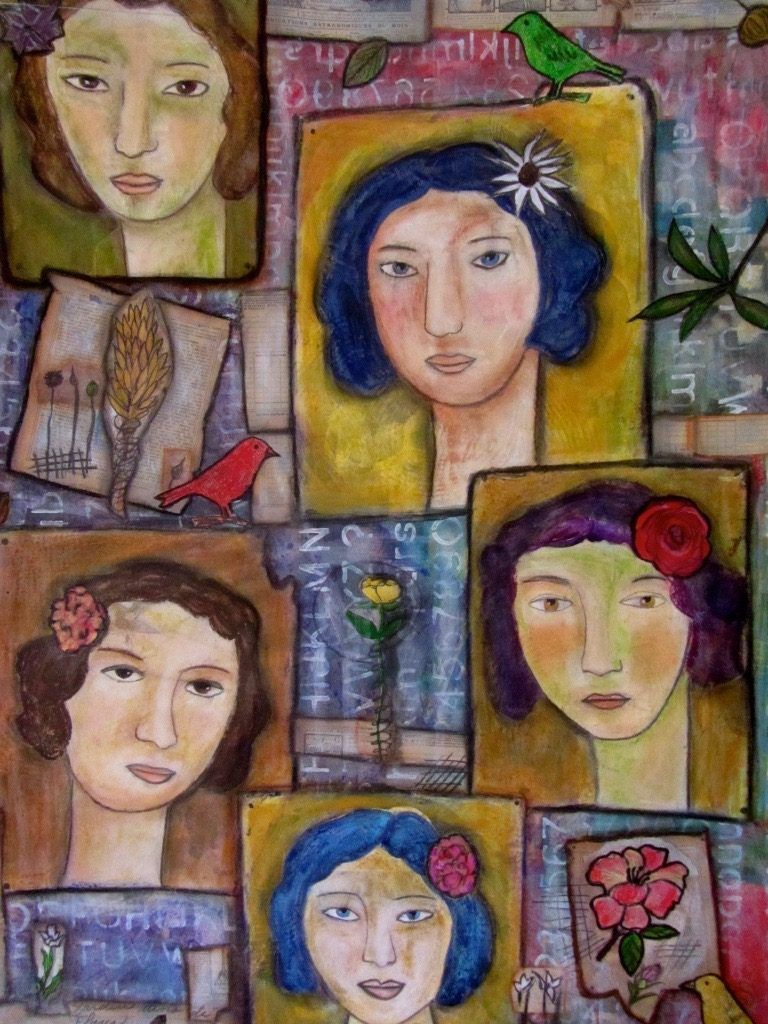 A painting of a group of women with flowers in their hair