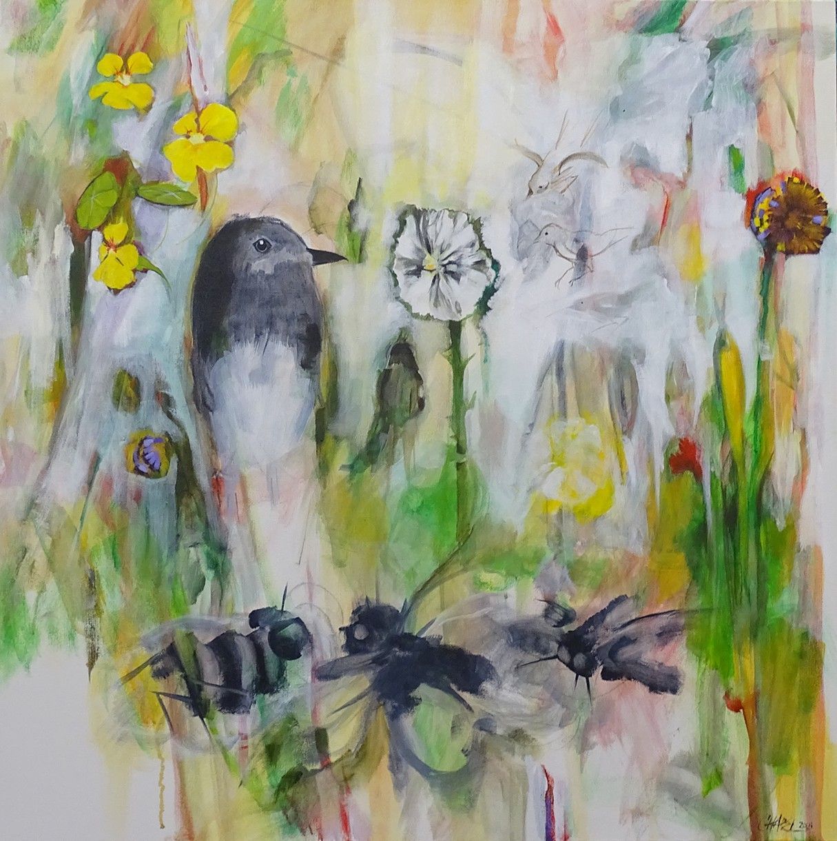 A painting of a bird surrounded by flowers and bees